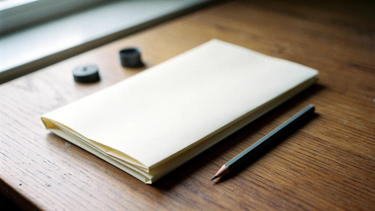 Illustration: A folded sheet of cream paper resting on a wooden table.