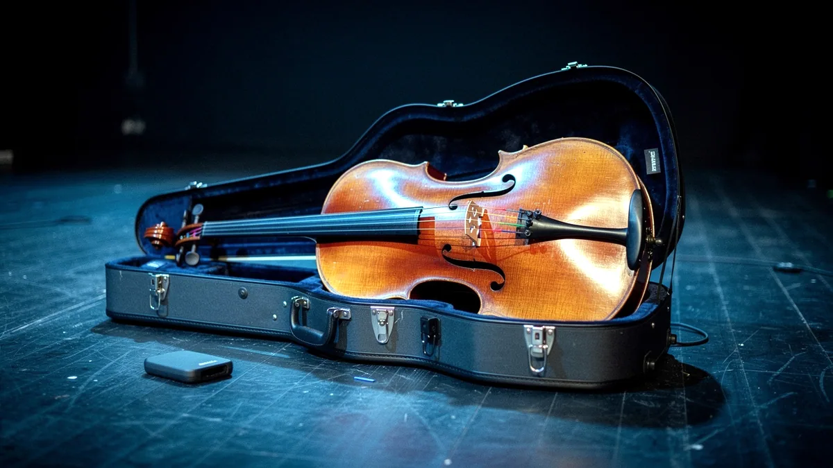 Illustration: A cello and its case waiting at the edge of a lit stage.