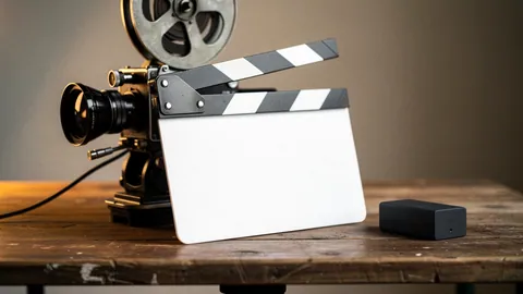 Illustration: A clapperboard leaning on a film camera in a documentary set.