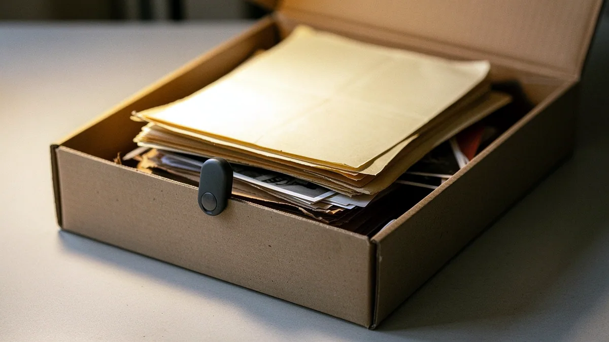Illustration: An open archive box full of yellowed papers and photographs.