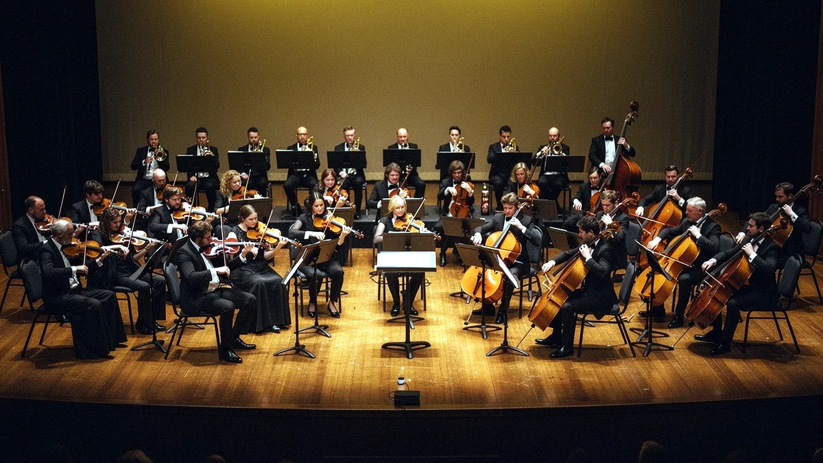 Illustration: A full orchestra mid-performance under warm stage lights.