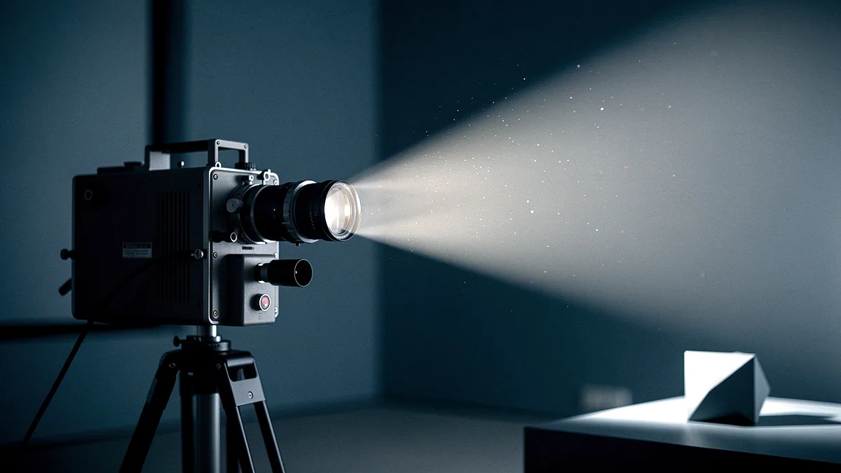 Illustration: A film projector beaming light across a dark screening room.