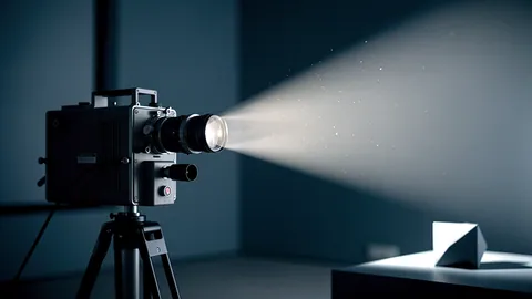 Illustration: A film projector beaming light across a dark screening room.